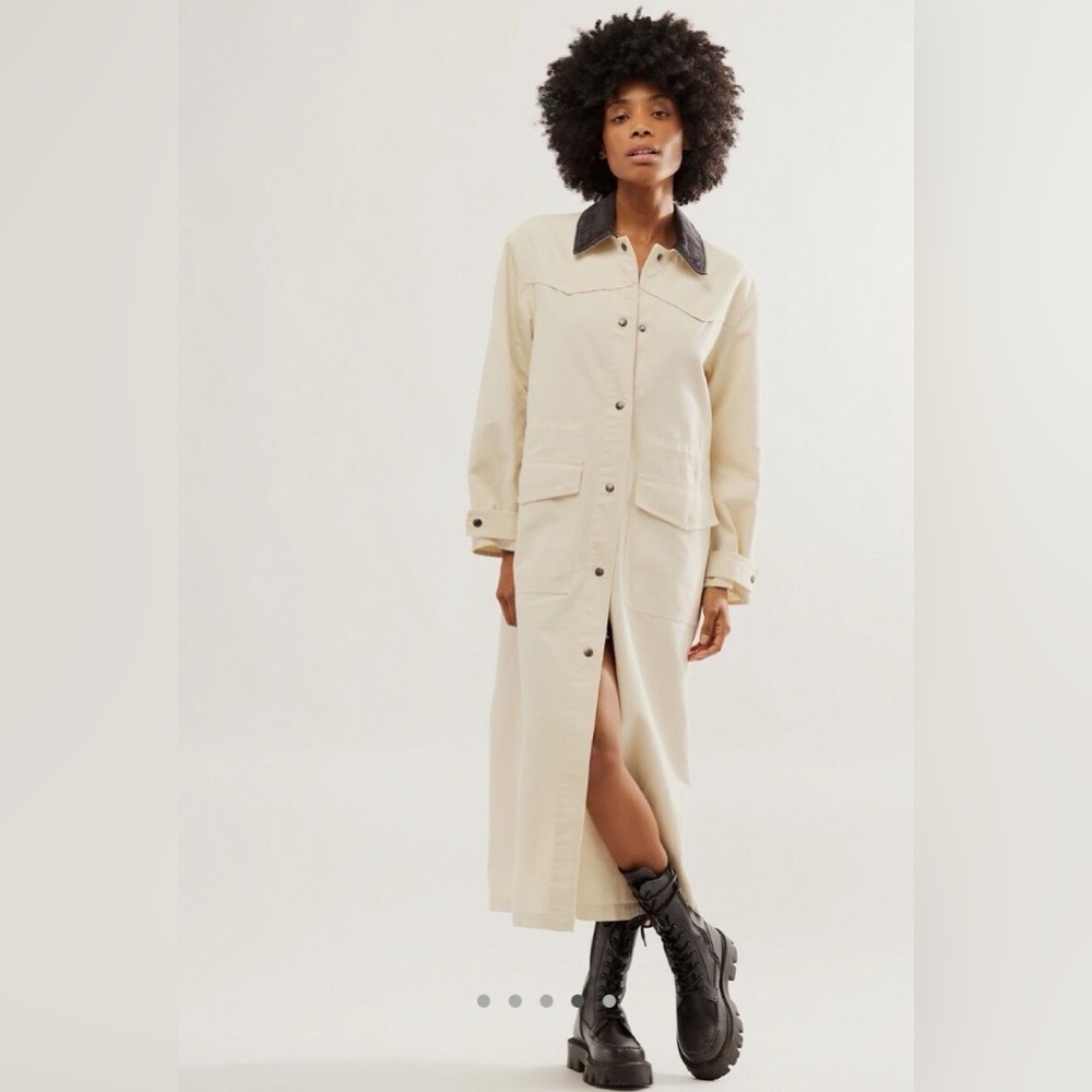 Free People Long Cream Trench Coat with Dark Collar